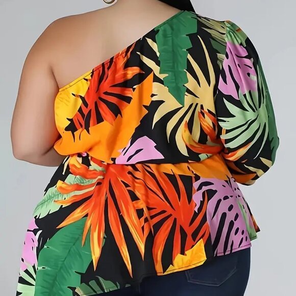 Women's Plus Size Tropical Loose Relaxed Fit One Shoulder Asymmetrical Top 14W - Picture 2 of 8